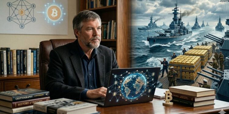 Nick Szabo trabajando en una laptop con gráficos de la red Bitcoin, junto a una ilustración de buques de guerra escoltando lingotes de oro para representar la evolución de la seguridad financiera.