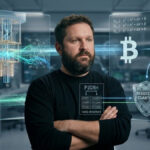 Imagen conceptual de Alex Thorn, jefe de investigaciรณn de Galaxy Digital, posando en un laboratorio futurista. A su alrededor se muestran hologramas que detallan un sistema de "Resistencia Cuรกntica" para Bitcoin