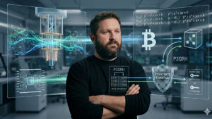 Imagen conceptual de Alex Thorn, jefe de investigación de Galaxy Digital, posando en un laboratorio futurista. A su alrededor se muestran hologramas que detallan un sistema de "Resistencia Cuántica" para Bitcoin