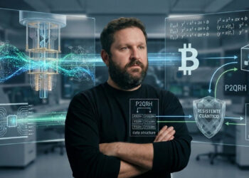 Imagen conceptual de Alex Thorn, jefe de investigación de Galaxy Digital, posando en un laboratorio futurista. A su alrededor se muestran hologramas que detallan un sistema de "Resistencia Cuántica" para Bitcoin
