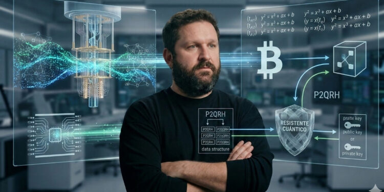 Imagen conceptual de Alex Thorn, jefe de investigación de Galaxy Digital, posando en un laboratorio futurista. A su alrededor se muestran hologramas que detallan un sistema de "Resistencia Cuántica" para Bitcoin