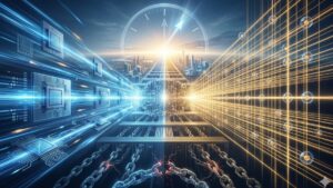 Representación de computación cuántica dual: superconductores vs átomos neutros, con reloj futurista y cadenas rotas.