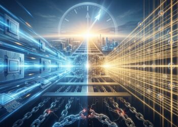 Representación de computación cuántica dual: superconductores vs átomos neutros, con reloj futurista y cadenas rotas.