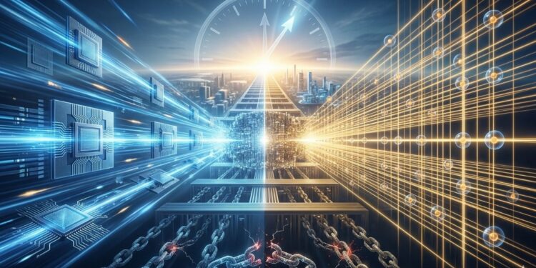 Representación de computación cuántica dual: superconductores vs átomos neutros, con reloj futurista y cadenas rotas.
