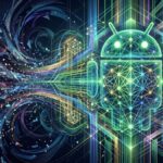 Visualización abstracta y futurista de un robot Android compuesto por una red de luz verde brillante, transformando el caos de datos en un sistema seguro y avanzado de ciberseguridad.