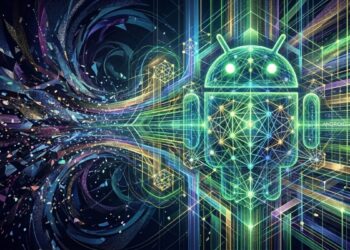 Visualización abstracta y futurista de un robot Android compuesto por una red de luz verde brillante, transformando el caos de datos en un sistema seguro y avanzado de ciberseguridad.