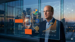 Gemini ha dicho Larry Fink, CEO de BlackRock, visualiza la tokenización de activos y el futuro financiero en una interfaz holográfica. La pantalla detalla ETF de Bitcoin, bonos digitales, el Euro Digital y gráficos de crecimiento del mercado.