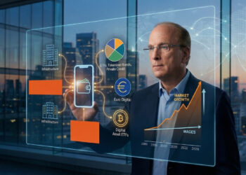 Gemini ha dicho Larry Fink, CEO de BlackRock, visualiza la tokenización de activos y el futuro financiero en una interfaz holográfica. La pantalla detalla ETF de Bitcoin, bonos digitales, el Euro Digital y gráficos de crecimiento del mercado.