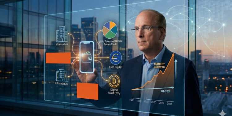Gemini ha dicho Larry Fink, CEO de BlackRock, visualiza la tokenización de activos y el futuro financiero en una interfaz holográfica. La pantalla detalla ETF de Bitcoin, bonos digitales, el Euro Digital y gráficos de crecimiento del mercado.