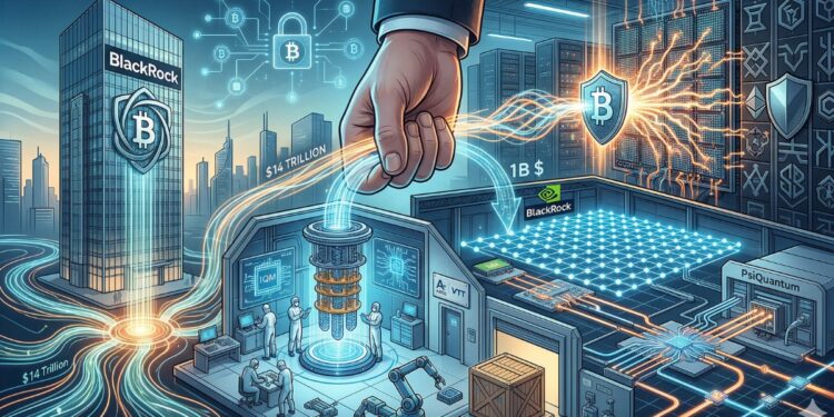 Ilustración conceptual de la inversión de BlackRock en computación cuántica y su convergencia con el ecosistema de activos digitales.