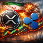 Ilustración digital de una moneda de XRP y el logo de Ripple en primer plano, sobre un fondo con una bandera de Irán, explosiones y un gráfico financiero con velas y líneas de tendencia, que simboliza la volatilidad del mercado cripto en medio de tensiones geopolíticas.