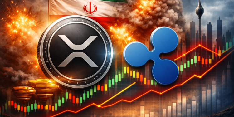 Ilustración digital de una moneda de XRP y el logo de Ripple en primer plano, sobre un fondo con una bandera de Irán, explosiones y un gráfico financiero con velas y líneas de tendencia, que simboliza la volatilidad del mercado cripto en medio de tensiones geopolíticas.