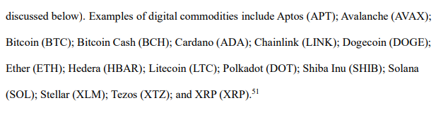 Captura de un nuevo documento de la SEC y CFTC que menciona a 16 activos digitales como productos digitales.