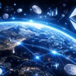 El planeta Tierra envuelto un líneas y monedas de planta junto al logo de la red Ethereum.