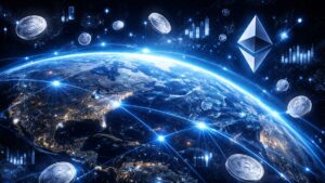 El planeta Tierra envuelto un líneas y monedas de planta junto al logo de la red Ethereum.