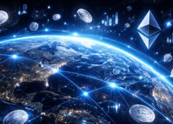 El planeta Tierra envuelto un líneas y monedas de planta junto al logo de la red Ethereum.
