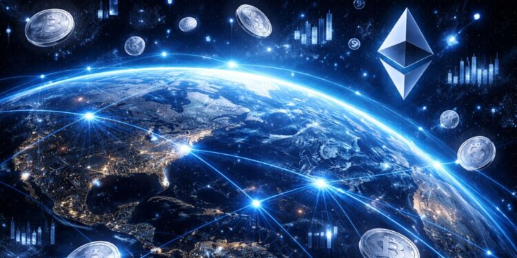 El planeta Tierra envuelto un lรญneas y monedas de planta junto al logo de la red Ethereum.