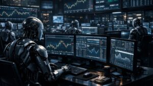 Robots de inteligencia artificial trabajando en un centro financiero.