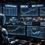 Robots de IA operando en un centro financiero de exchanges de criptomonedas.