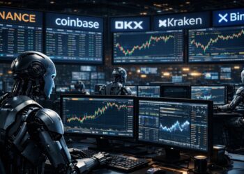 Robots de IA operando en un centro financiero de exchanges de criptomonedas.