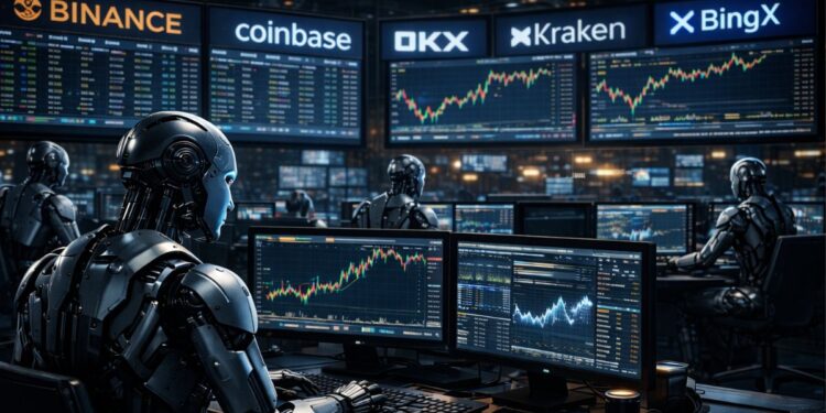 Robots de IA operando en un centro financiero de exchanges de criptomonedas.