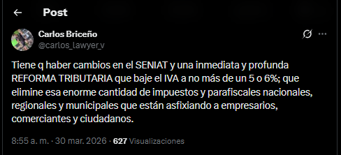 Un mensaje en X de un usuario que pide reforma tributaria para Venezuela.
