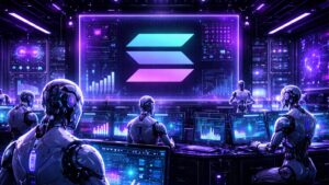 Robots de IA operando en un centro de computación de la red Solana.