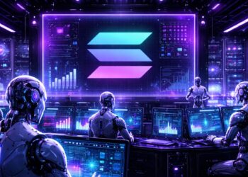 Robots de IA operando en un centro de computación de la red Solana.