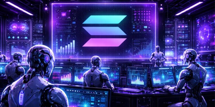 Robots de IA operando en un centro de computación de la red Solana.