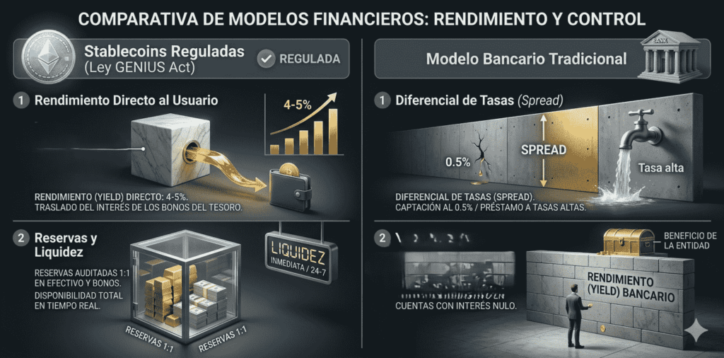 Una infografรญa muestra los dos modelos financieros de stablecoins reguladas bajo la Ley Genius en Estados Unidos y la banca estadounidense.