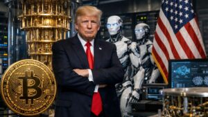 Donald Trump en un labortorio con una computadora cuántica, robots de IA y una moneda de BTC.
