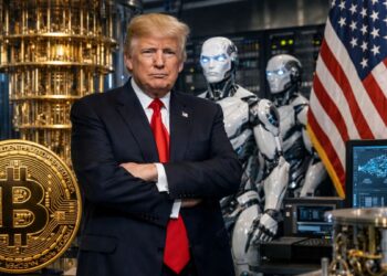 Donald Trump en un labortorio con una computadora cuántica, robots de IA y una moneda de BTC.