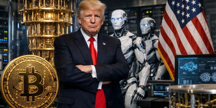 Donald Trump en un labortorio con una computadora cuántica, robots de IA y una moneda de BTC.