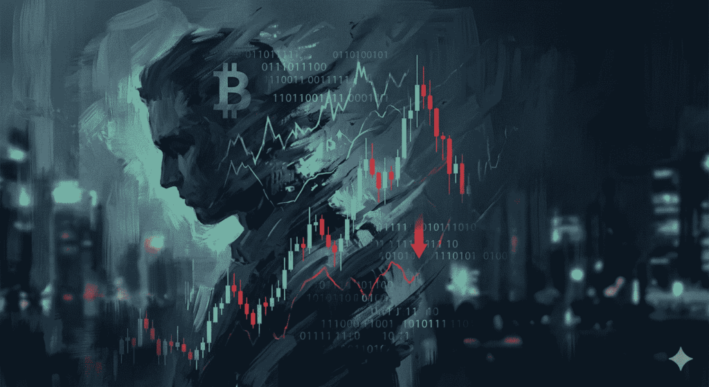 Una ilustración muestra a una persona de perfil entregráficos de precio y una B de Bitcoin en su sien, en reflejo de lo que está pensando.