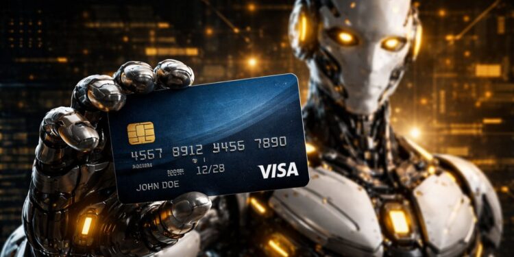 Un robot de IA usando una tarjeta de Visa.