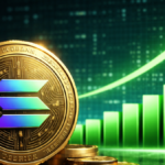 Una moneda física de solana junto a un gráfico de barras verdes.