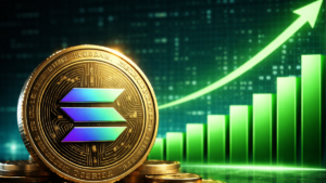 Una moneda física de solana junto a un gráfico de barras verdes.