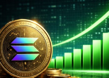 Una moneda física de solana junto a un gráfico de barras verdes.