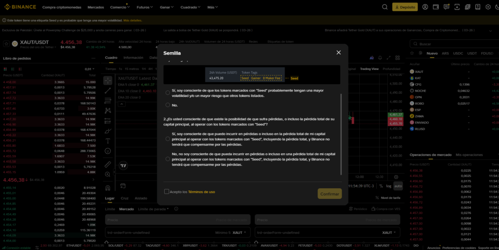 Captura de pantalla de la plataforma Binance.