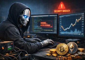 Imagen que muestra a un robot intentando minar criptomonedas como un "hacker"