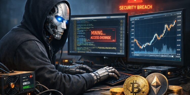 Imagen que muestra a un robot intentando minar criptomonedas como un "hacker"