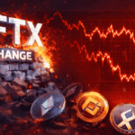 El logo de FTX junto a gráficos en rojo y criptomonedas físicas.