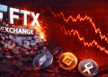 El logo de FTX junto a gráficos en rojo y criptomonedas físicas.