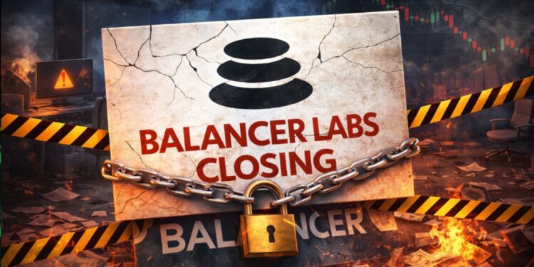 Un candado delante de un cartel que anuncia el cierre de Balancer Labs.