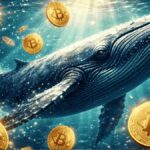 Una ballena dentro el mar rodeada de monedas de bitcoin.