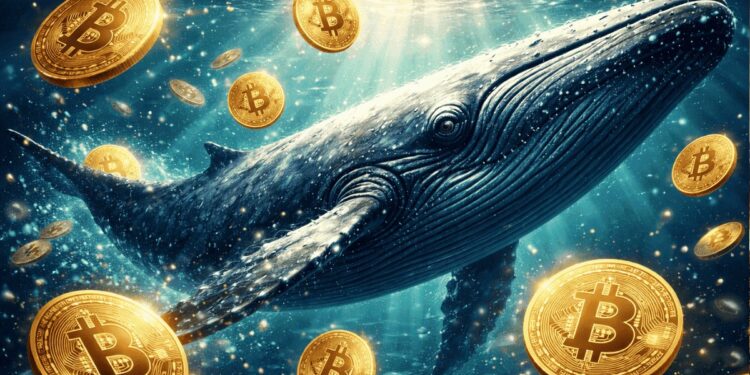 Una ballena dentro el mar rodeada de monedas de bitcoin.