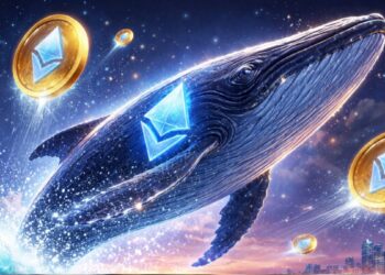 Ballena rodeada por monedas de Ethereum.