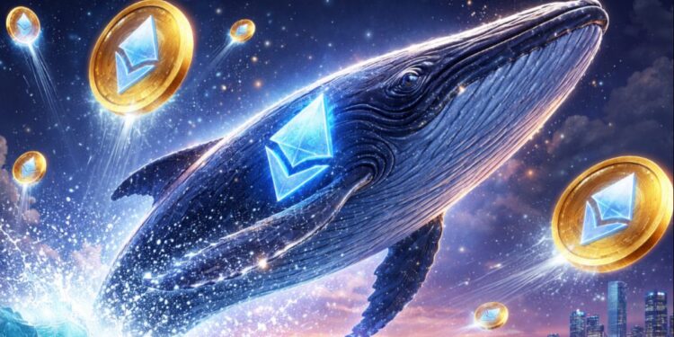 Ballena rodeada por monedas de Ethereum.