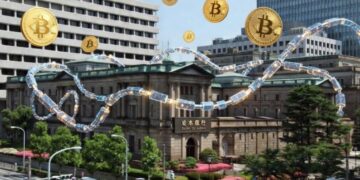 Edificio del Banco Central de Japón con monedas físicas de bitcoin doradas y cadenas de bloques alrededor.