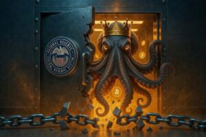 Una enorme puerta blindada de la Reserva Federal (con el sello oficial de la Fed) siendo abierta de golpe por un Kraken gigante estilizado (el pulpo de la compaรฑรญa con corona de Bitcoin).
